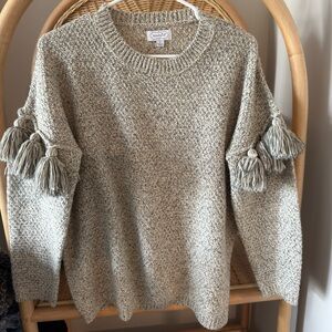 Mud Pie Cream Knit Tassel-Sleeve Crewneck Sweater